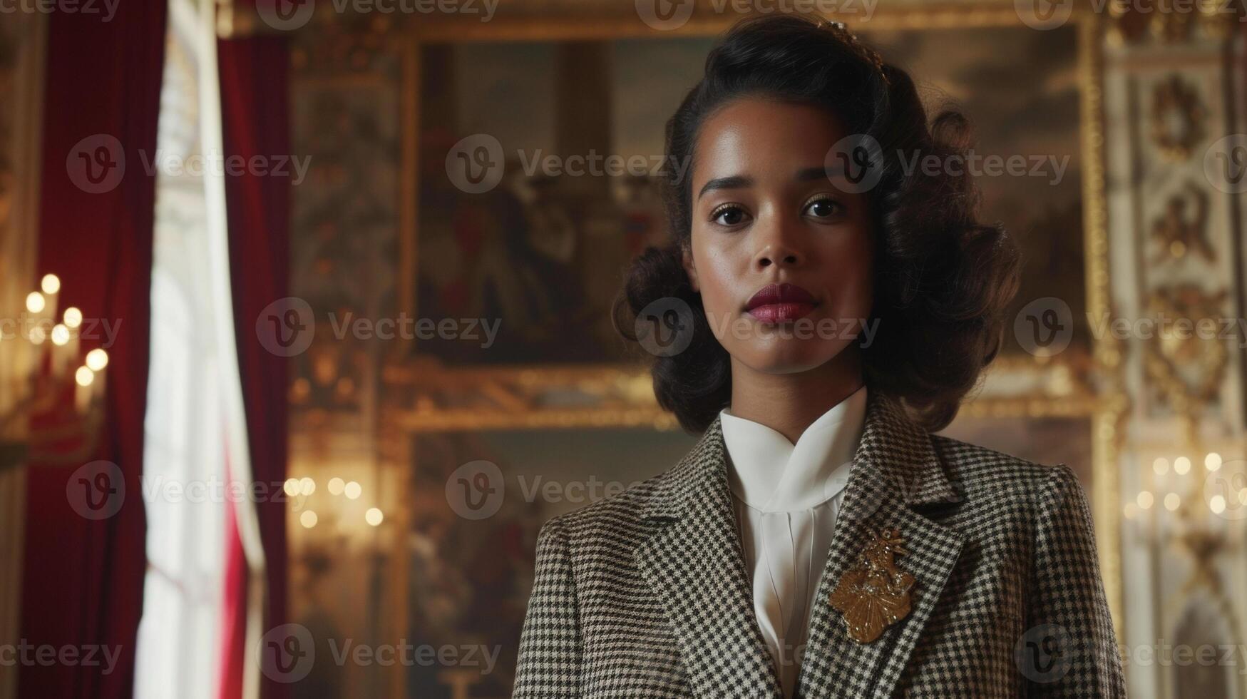 A tailored suit in a classic houndstooth pattern paired with a crisp white blouse and adorned with a gold brooch perfect for a day at the royal court photo
