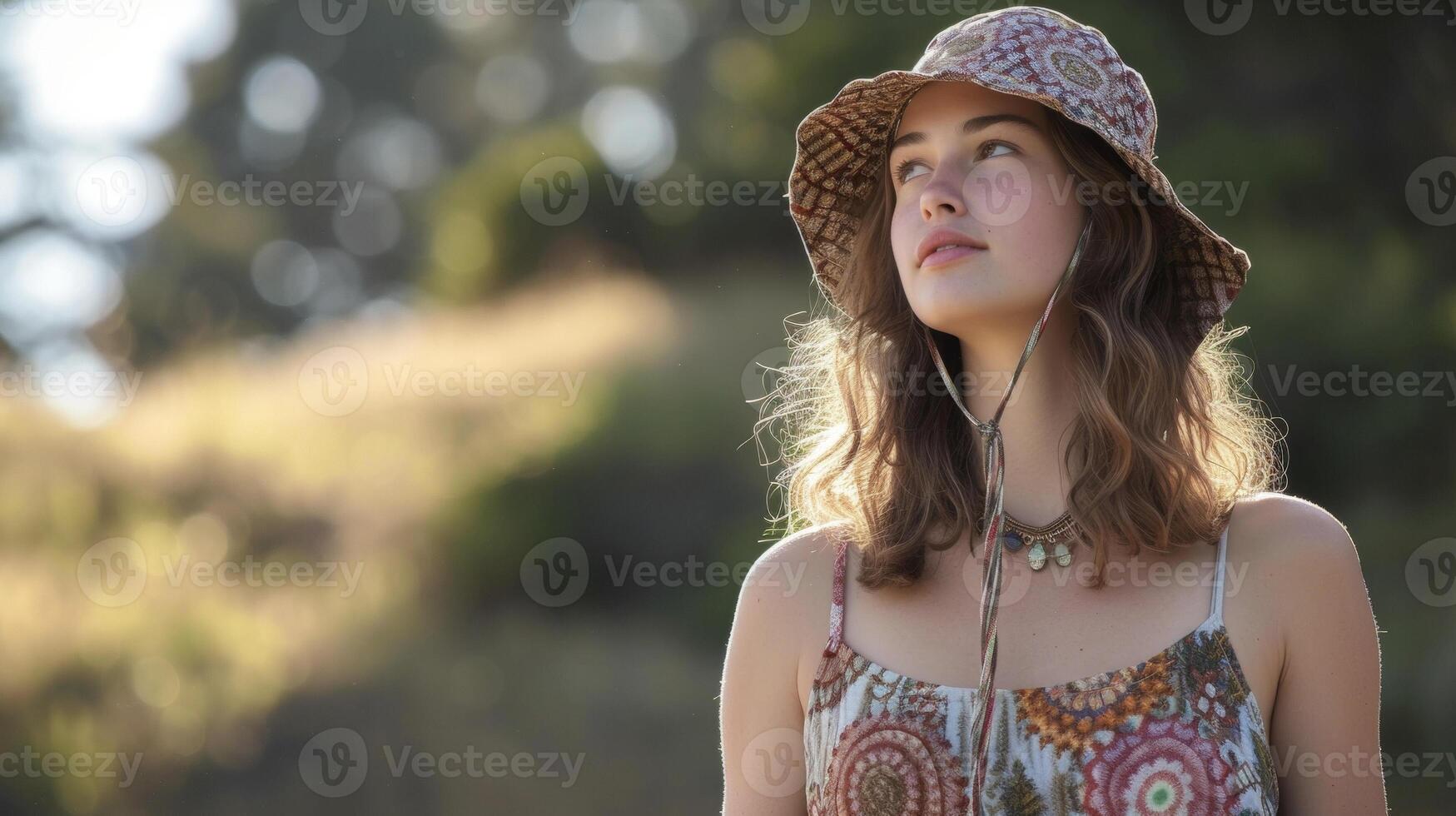 The bohemian spirit A patterned bucket hat paired with a flowy maxi dress and spy sandals embracing a carefree and bohemian aesthetic photo
