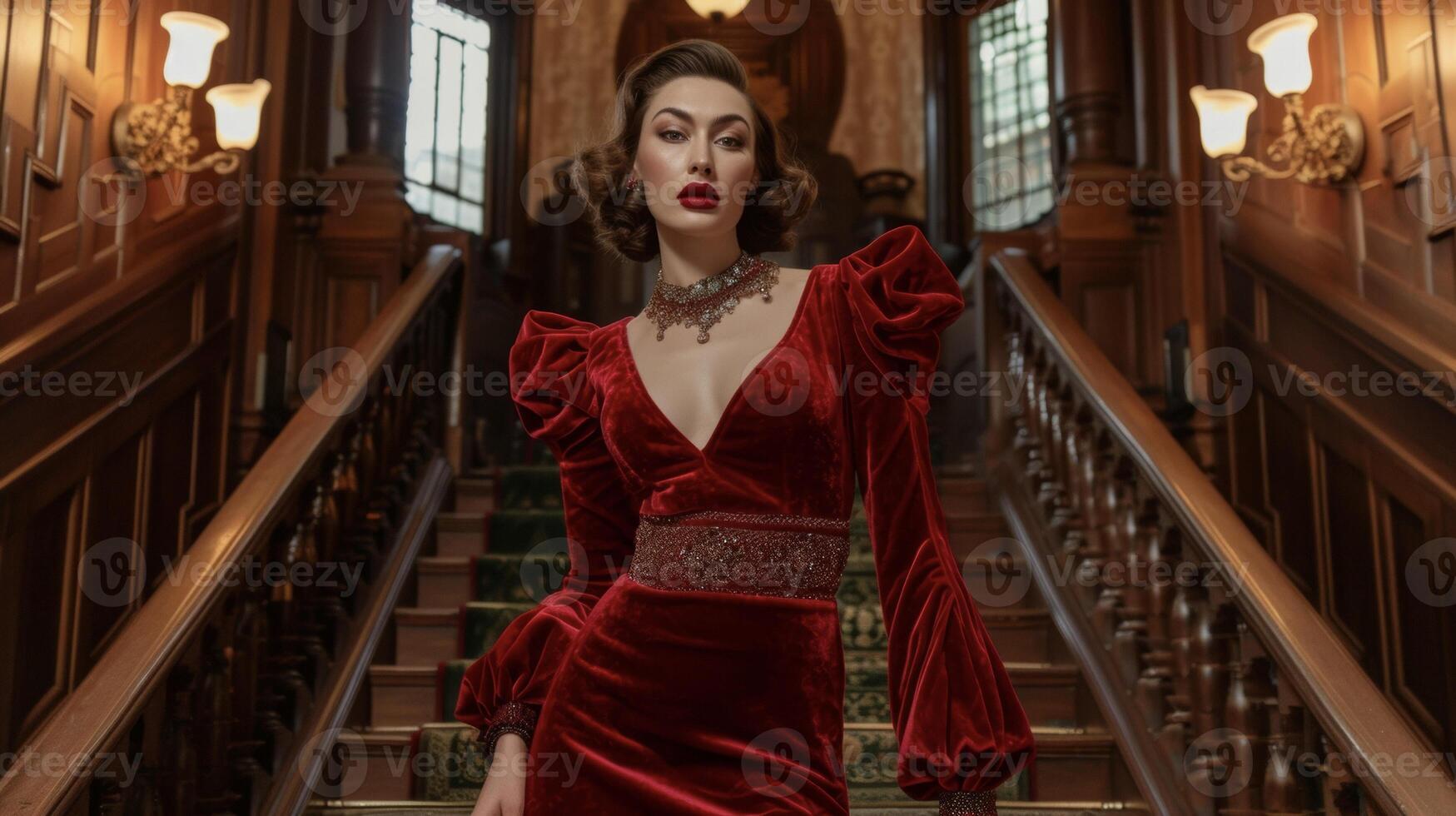 A bold red velvet dress with a high neckline and flared sleeves adorned with elaborate beading and a tel belt. Paired with a sleek bob and a statement necklace. The backgroun photo