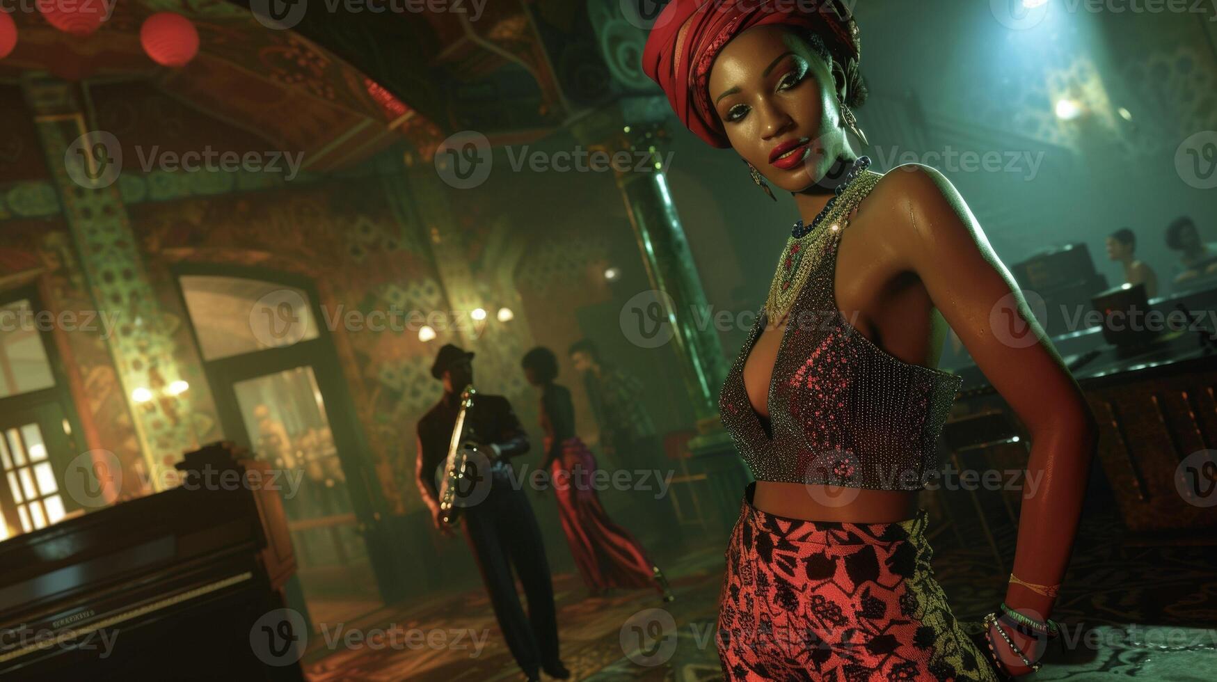 A beaded sleeveless top paired with highwaisted trousers in a bold pattern finished off with a silk headscarf and a long necklace. The background is a lively party in a smok photo