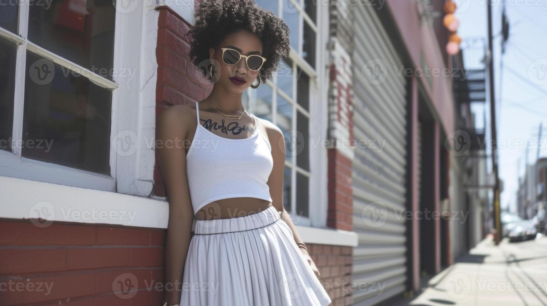 For a more feminine take on the skater look try pairing a graphic crop top with a flowy skater skirt and a pair of classic sneakers. This outfit is perfect for a day of skatin photo