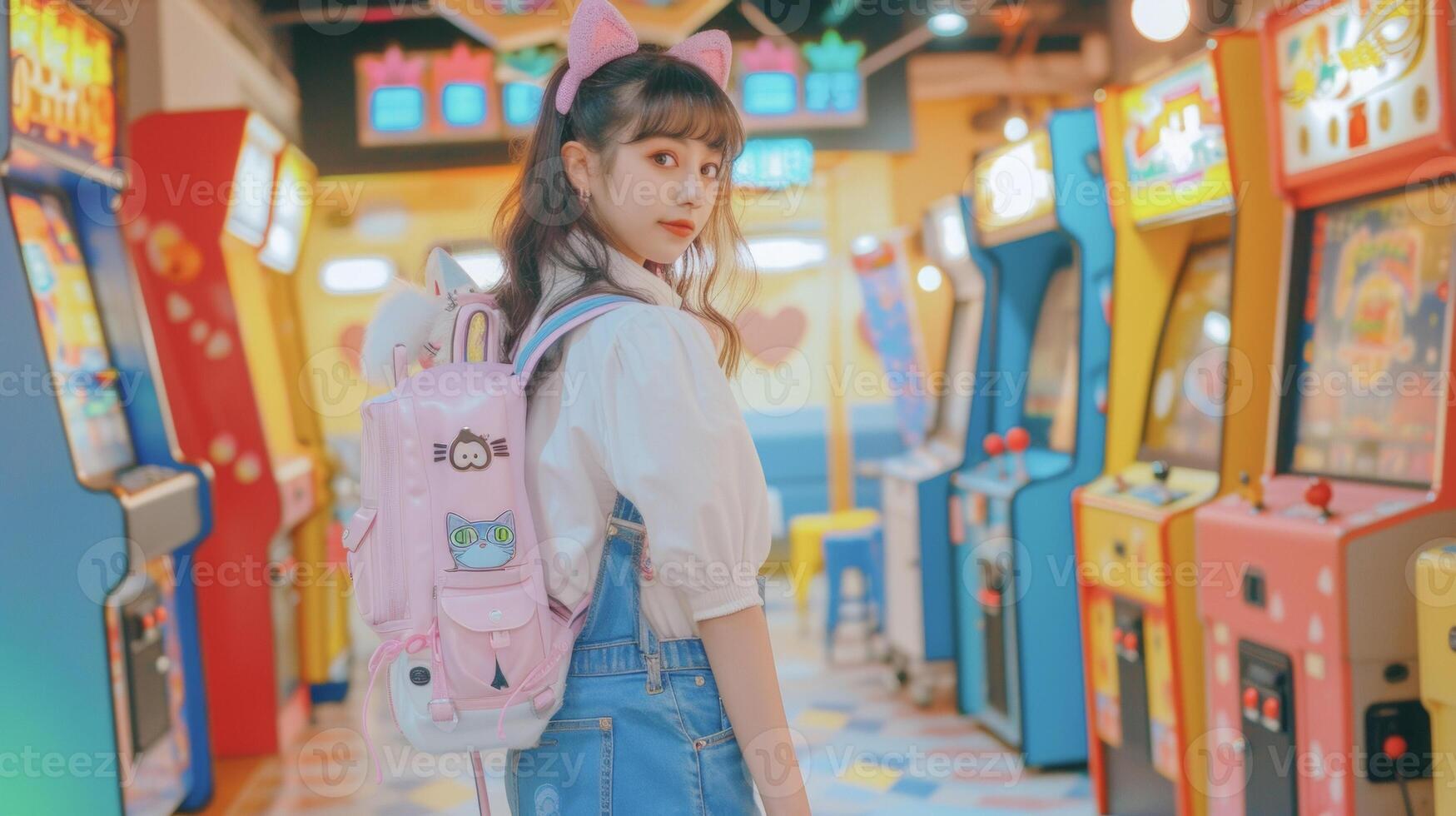 A pastel blue denim overall dress paired with a white puffsleeved blouse and pastel pink Converse sneakers accessorized with a scrunchie with a e animal face and a colorfu photo
