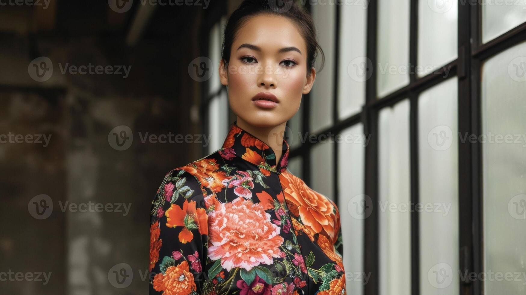 A tailored blouse with a mandarin collar and bold floral prints blending elements of Western business attire with Eastern aesthetics photo