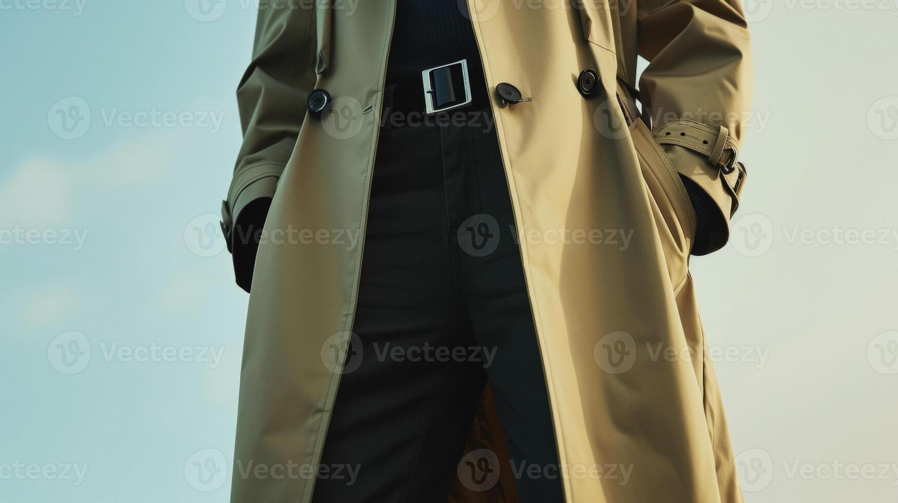 A modern take on the trench coat featuring a structured silhouette and bold utility buckle closures photo