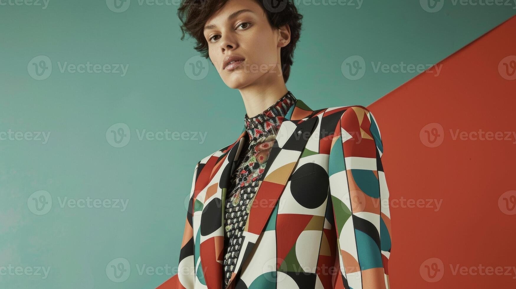 A tailored blazer with a bold geometric print and sleek lapels reflecting the sophisticated and modern aesthetic of Art Deco fashion photo
