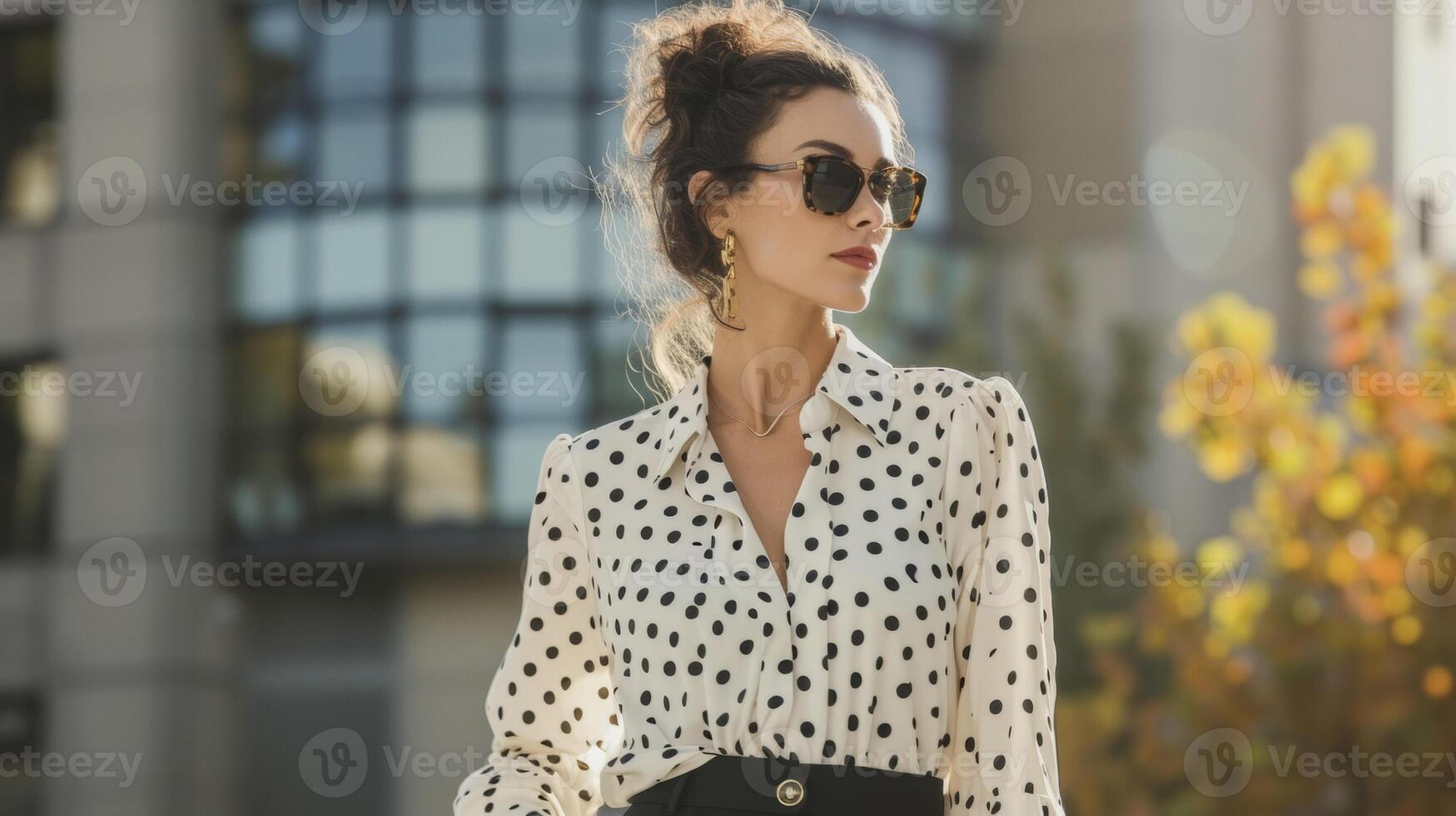 Effortlessly chic this polka dot blouse adds a playful touch when paired with highwaisted trousers. Perfect for a daytime date photo