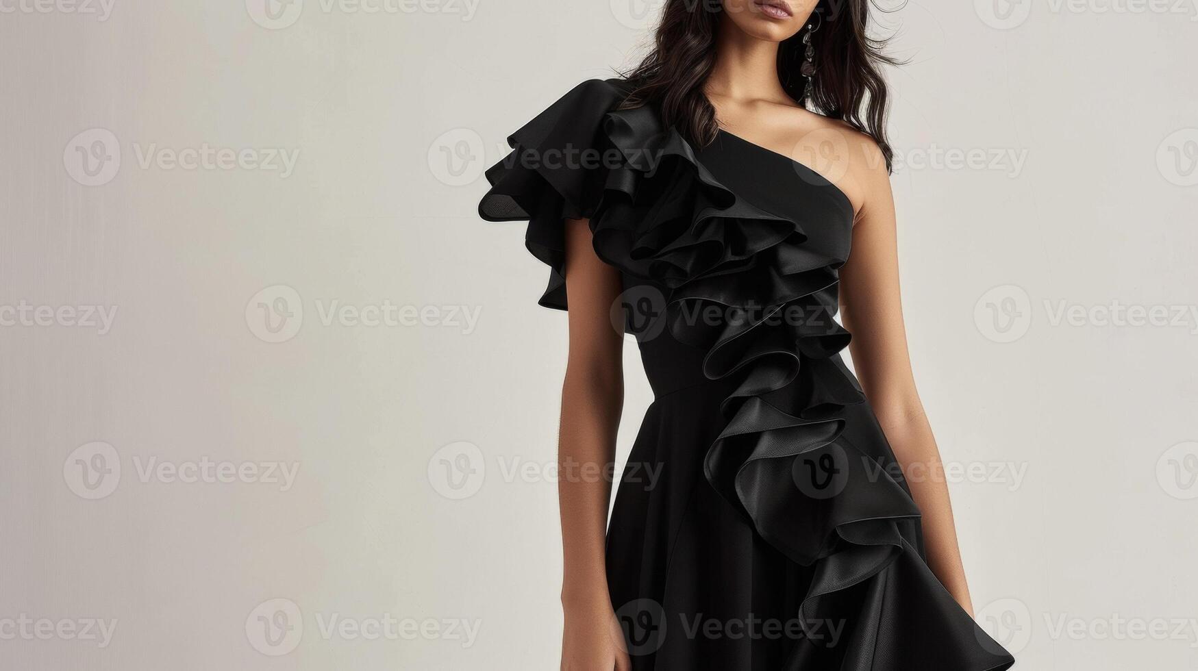 A statement midi dress with an exaggerated oneshoulder sleeve and an asymmetrical layered skirt perfect for a night out dancing with friends photo