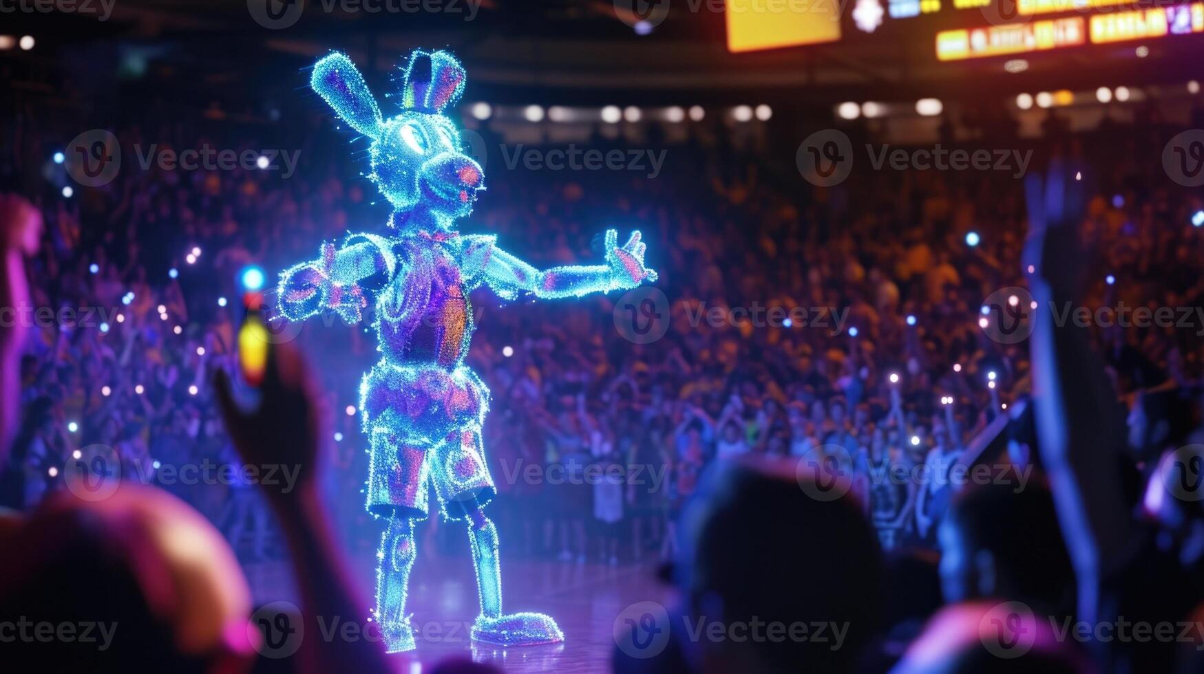 A 3D hologram of the teams mascot dancing and interacting with fans in the stands photo
