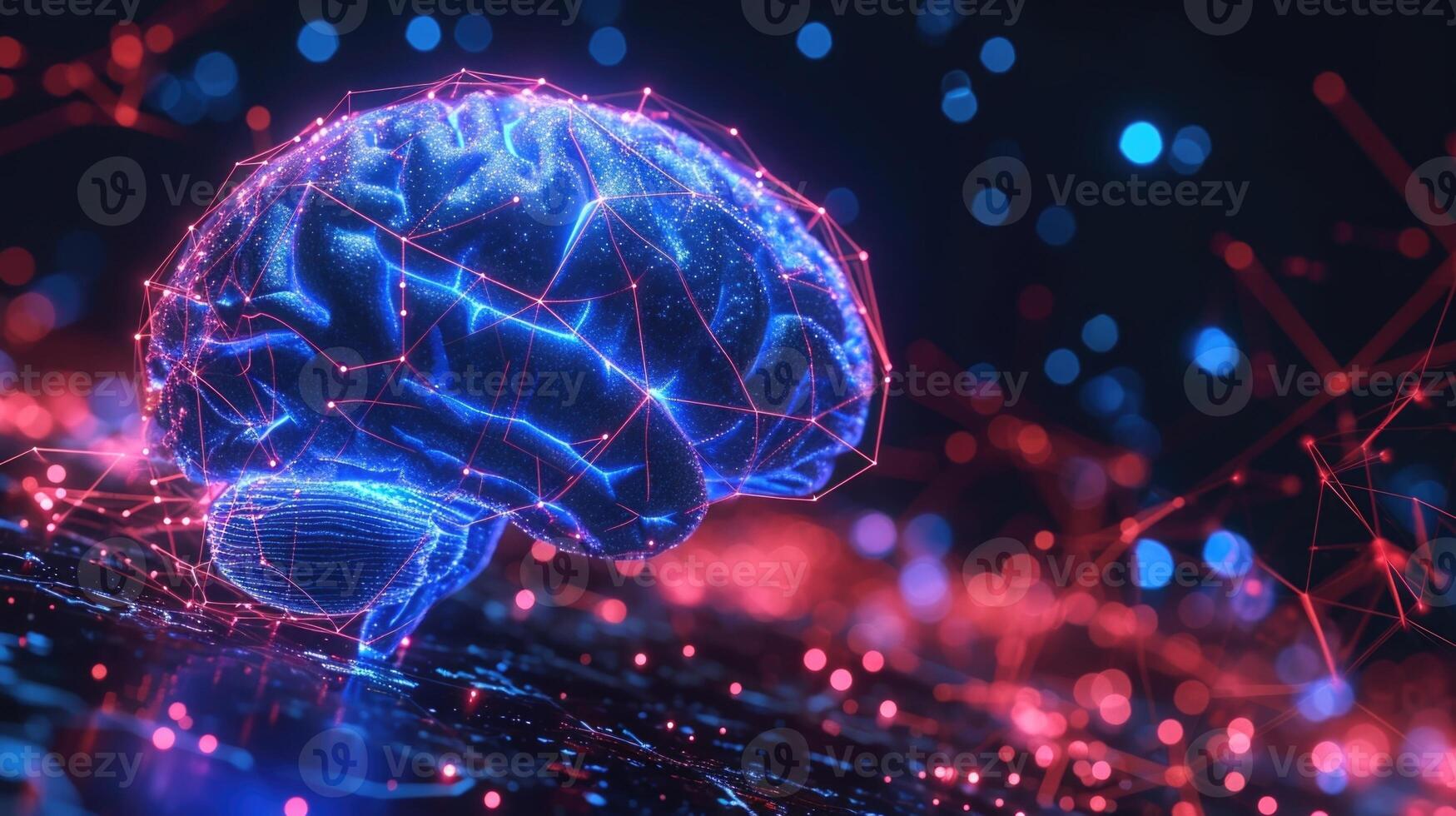 The hologram exhibits the human brain showcasing its intricate neuronal network and areas responsible for different functions photo