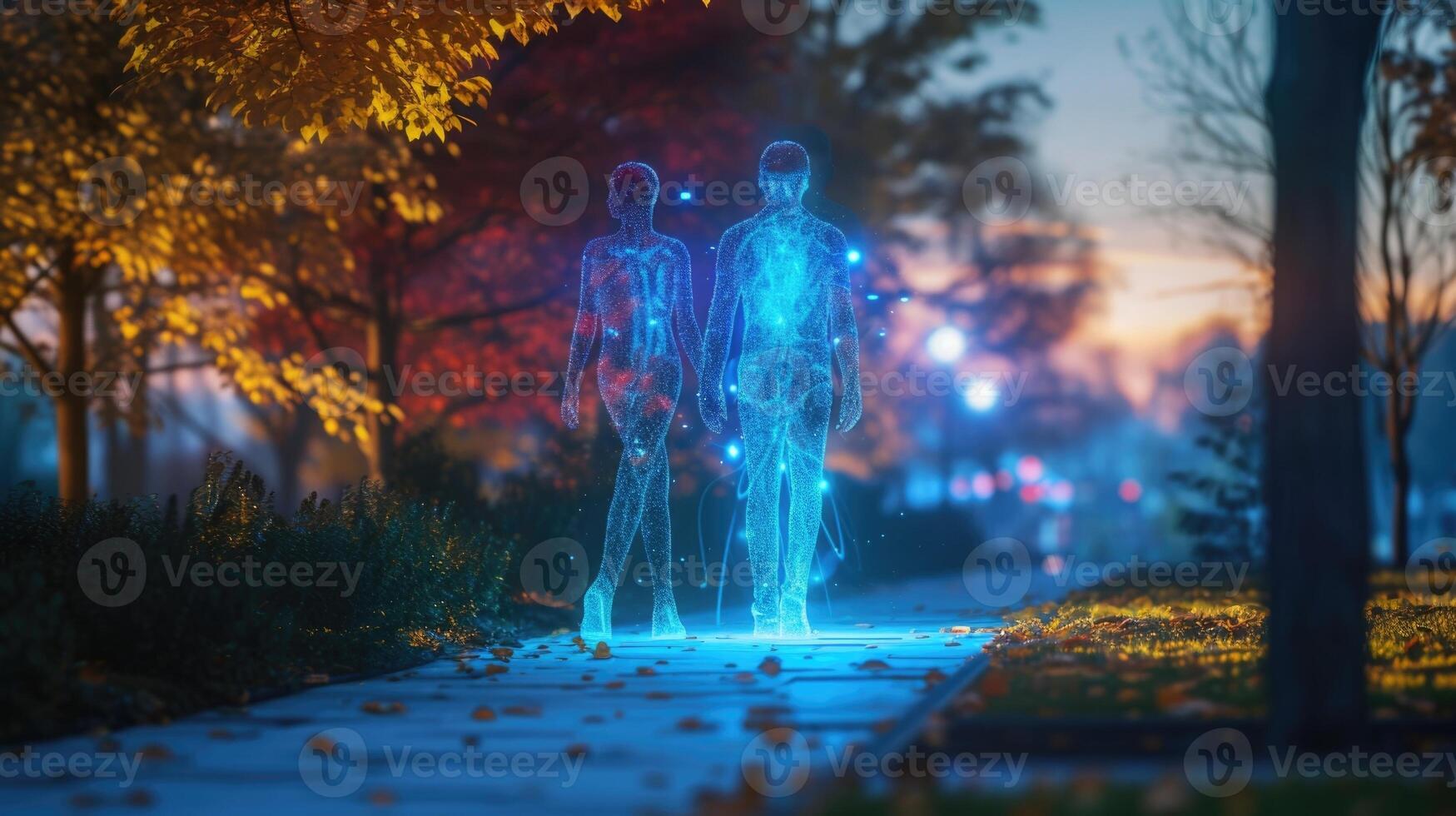 An image of a virtual health and wellness coach and their client walking together in a beautiful outdoor setting discussing the importanc photo