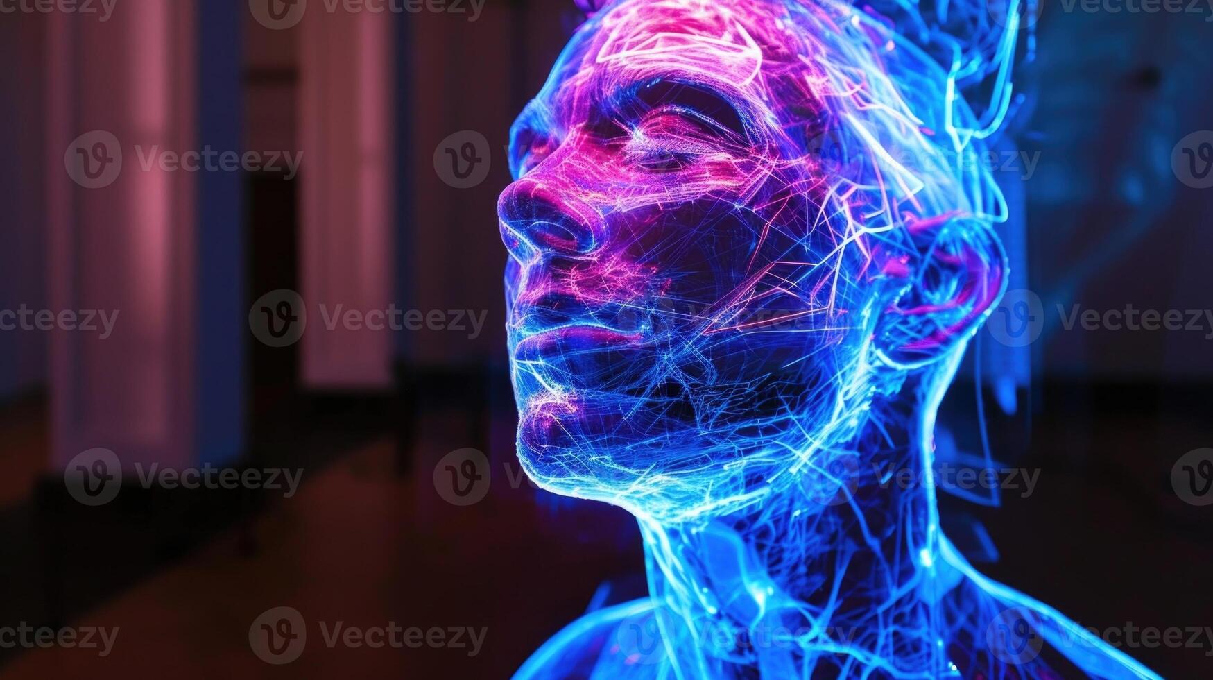 A holographic portrait seemingly coming to life with its realistic details and fluid movements in the holographic art gallery photo