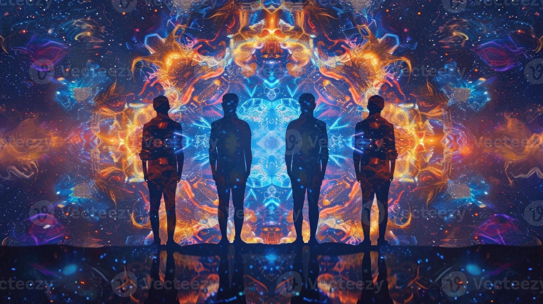 A holographic drum set floating in midair each hit producing a burst of colored lights and intricate rhythms photo