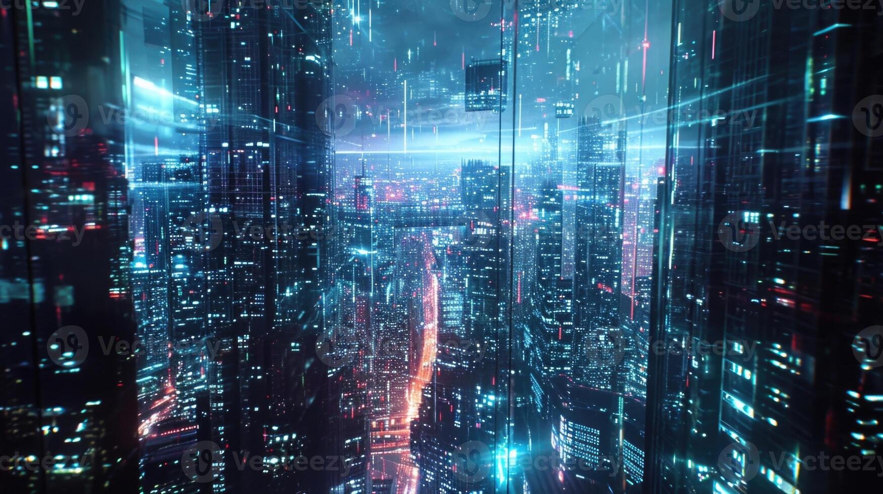 As night falls the cityscape is transformed into a dazzling display of holographic lights and projections creating a breathtakingl photo