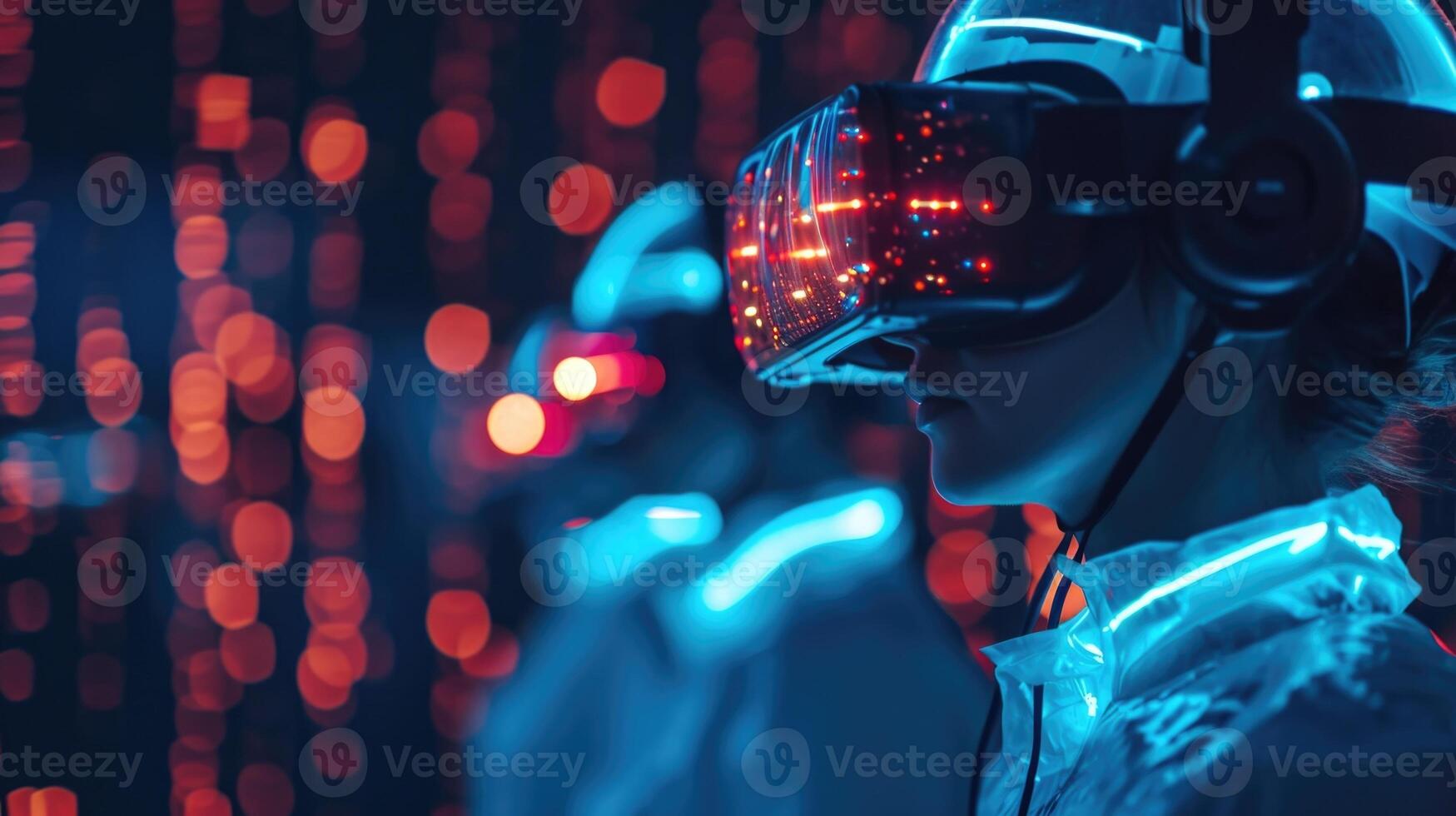 A group of cybersecurity trainees each wearing a headset connected to a virtual reality simulation practicing their responses to photo