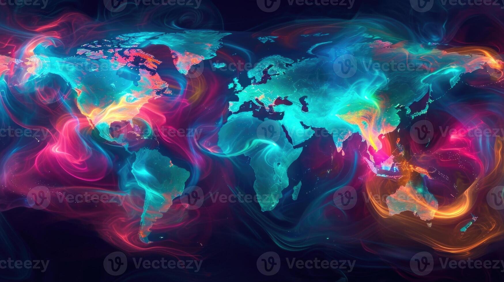 A holographic map of the world appears with vibrant swirling clouds representing the current global weather patterns photo