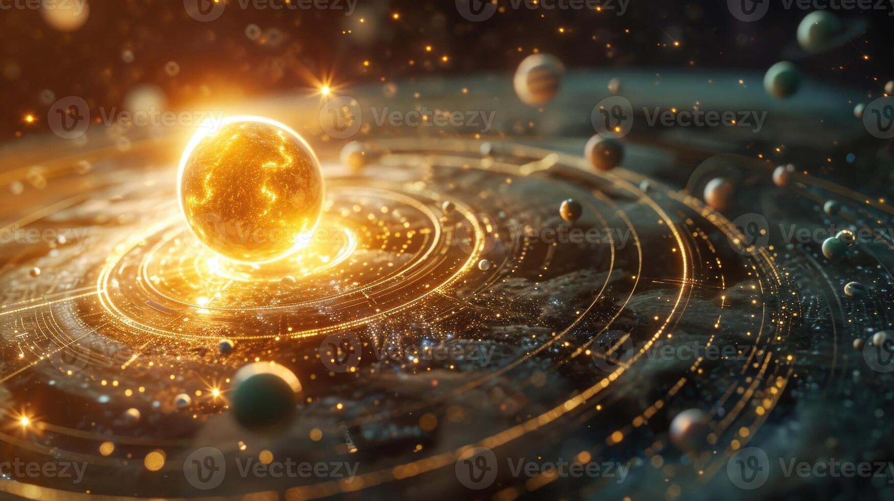 A holographic model of a planetary system complete with orbiting planets moons and a shining sun photo
