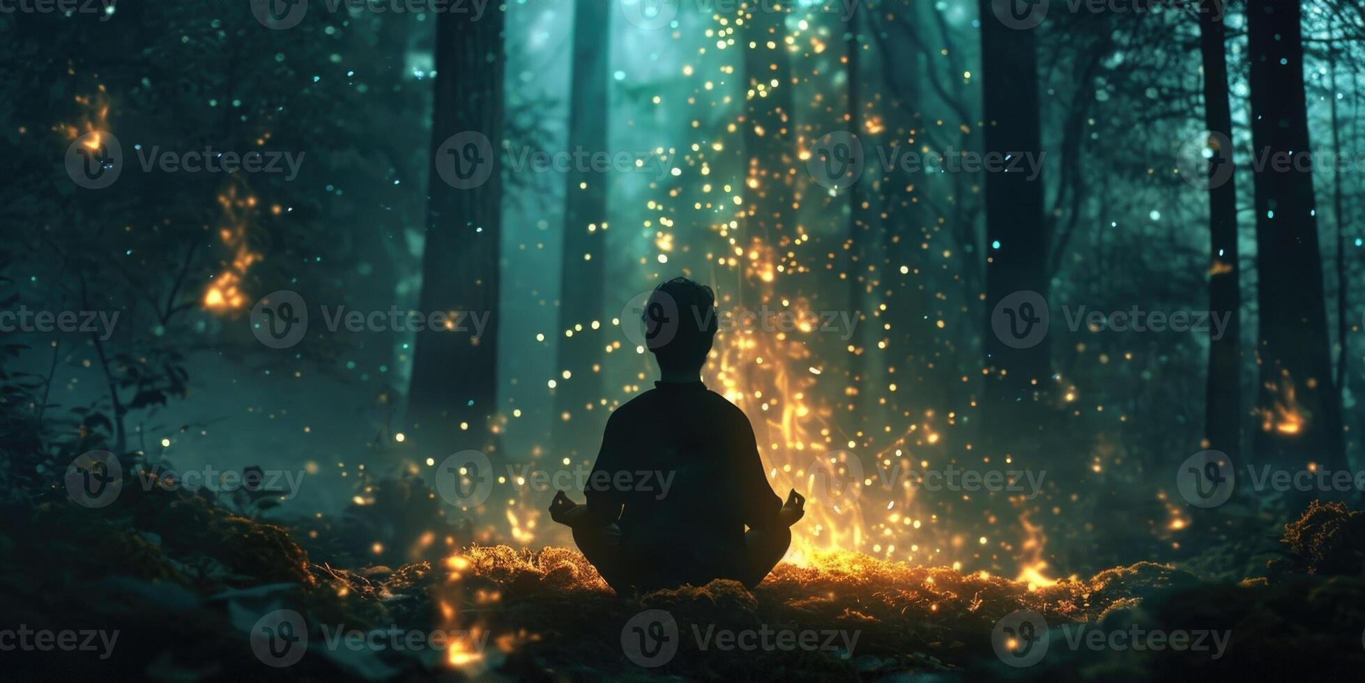 In a virtual forest setting a holographic campfire flickers and crackles as an individual sits in deep meditation the scent of pine photo