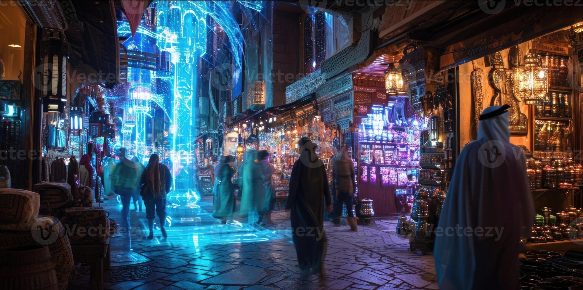 With the help of holograms archaeologists recreate the bustling market square of an ancient city complete with holographic merchants photo