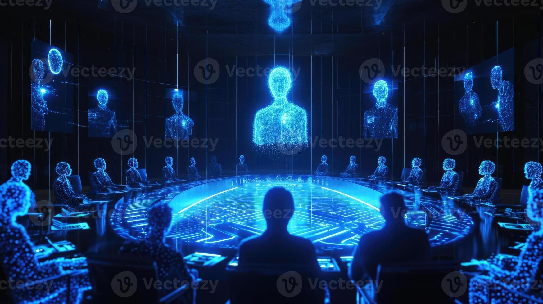 The boardroom meeting takes place on a grand scale with dozens of holographic participants joining from all around the world thei photo
