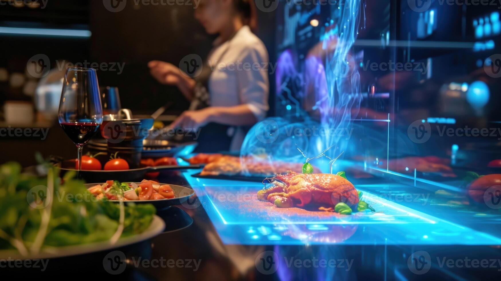 Guests at a holographic cooking event are transported to a stunning holographic kitchen complete with interactive holographic appliances photo