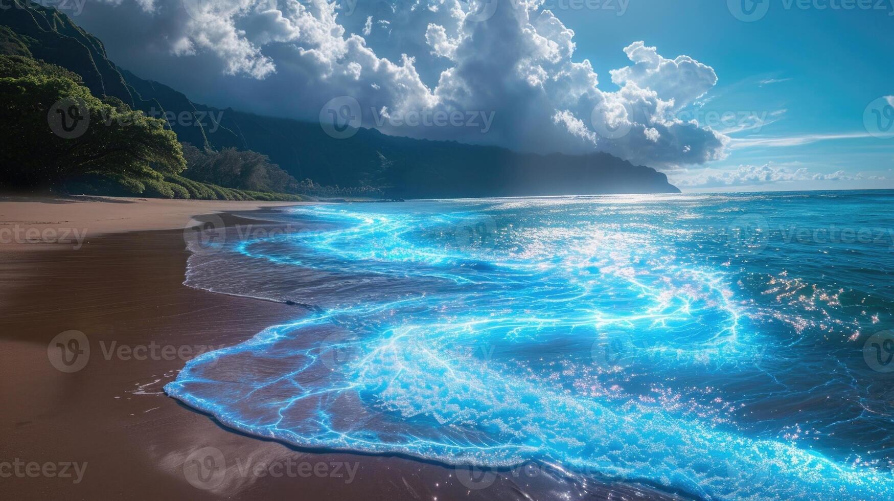 A hologram of a beach scene appears with a calm ocean but as the meteorologist mentions a tsunami warning the hologram turns turbulen photo