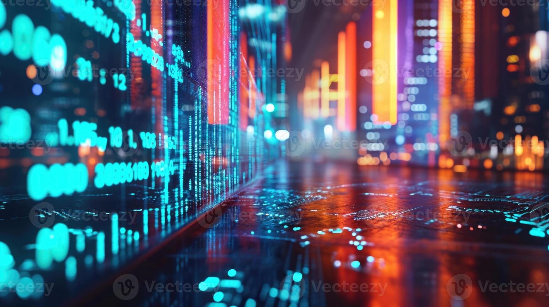 A virtual holographic stock market floor with projections of stock symbols and prices constantly changing in realtime photo