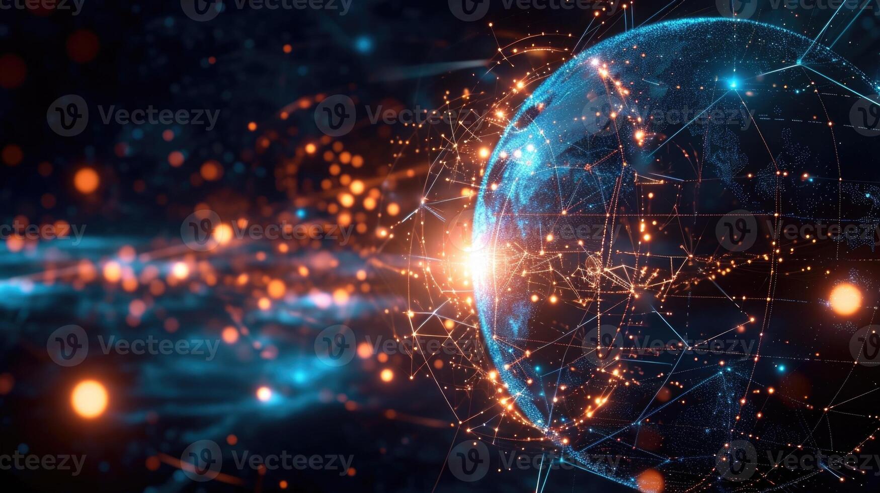 A hologram of a digital globe with different cryptocurrencies represented as pulsating nodes connecting to each other photo
