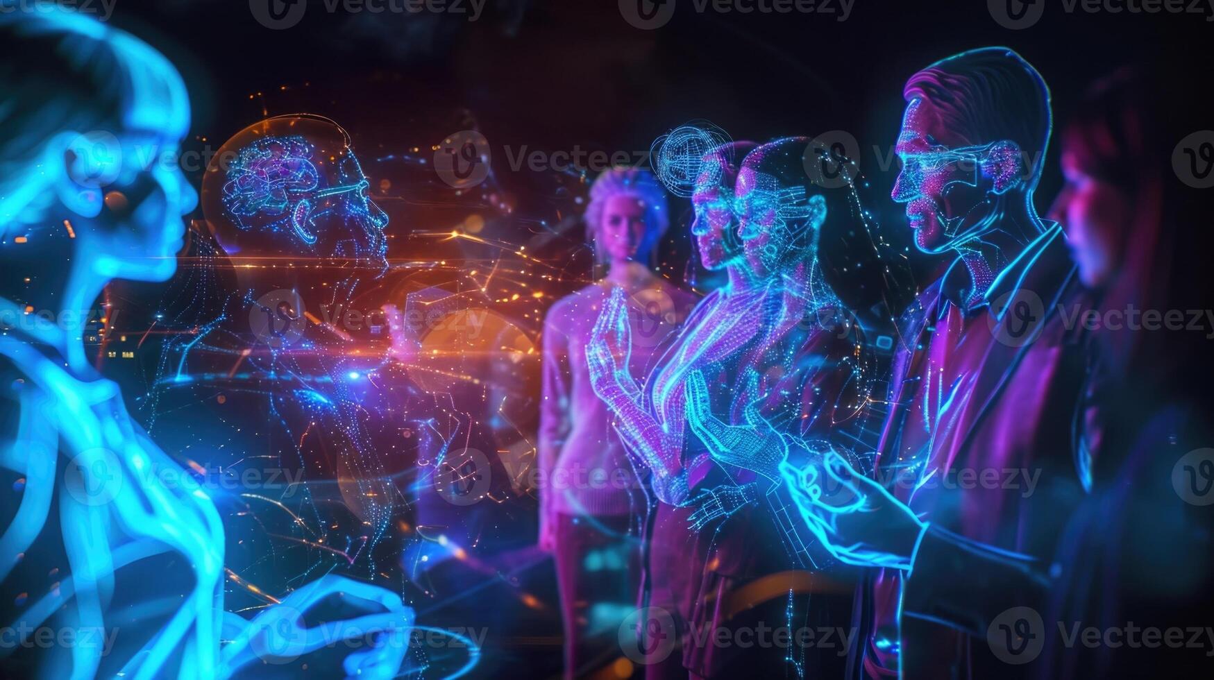 A group of holographic financial advisors offer virtual consultations for retirement planning and wealth management photo
