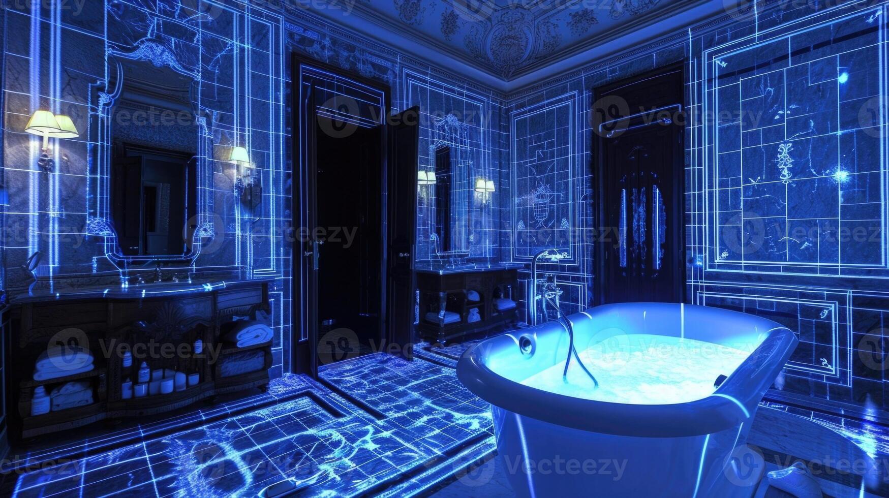 A 360degree holographic projection of a luxurious bathroom showcasing various tile patterns and layouts photo