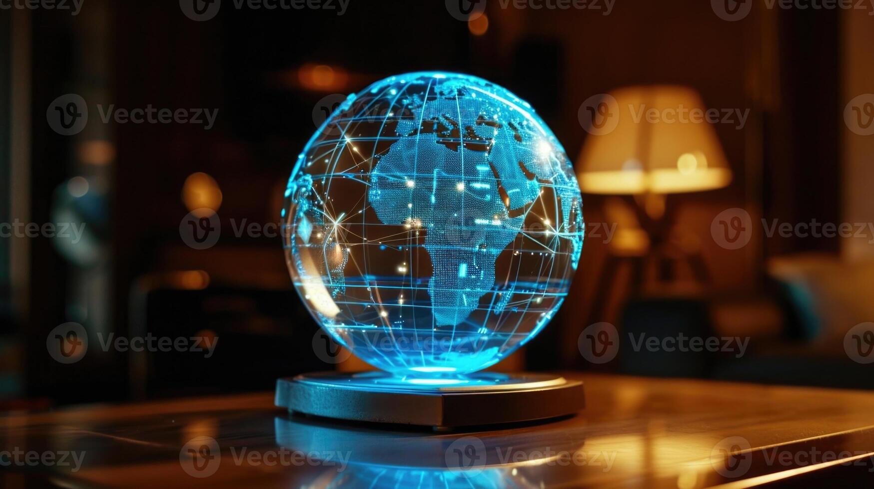 A miniature hologram of a globe spins on a table projecting a web of routes and destinations highlighting the global reach and precisio photo