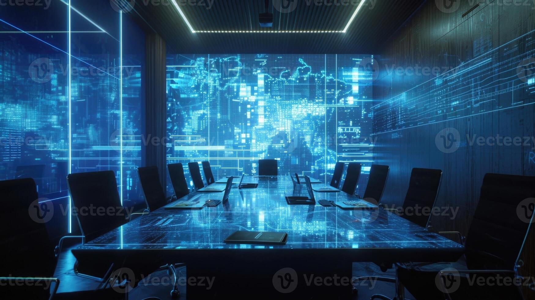 As the boardroom meeting progresses holographic graphs and charts materialize in midair providing visual aids and data ysis to suppor photo
