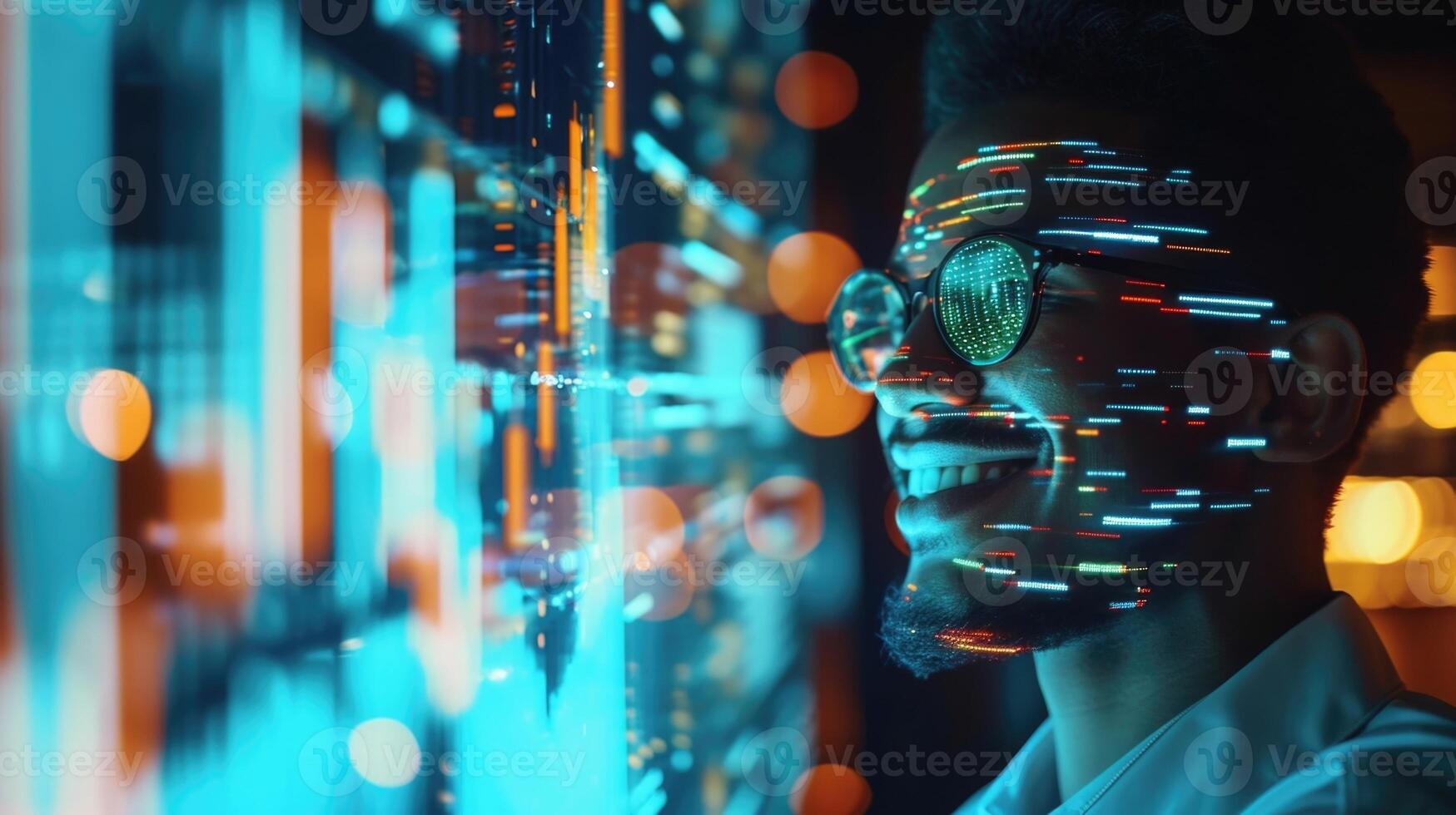 A hologram image of a smiling wealth advisor projecting a virtual graph displaying a clients personalized investment portfolio photo