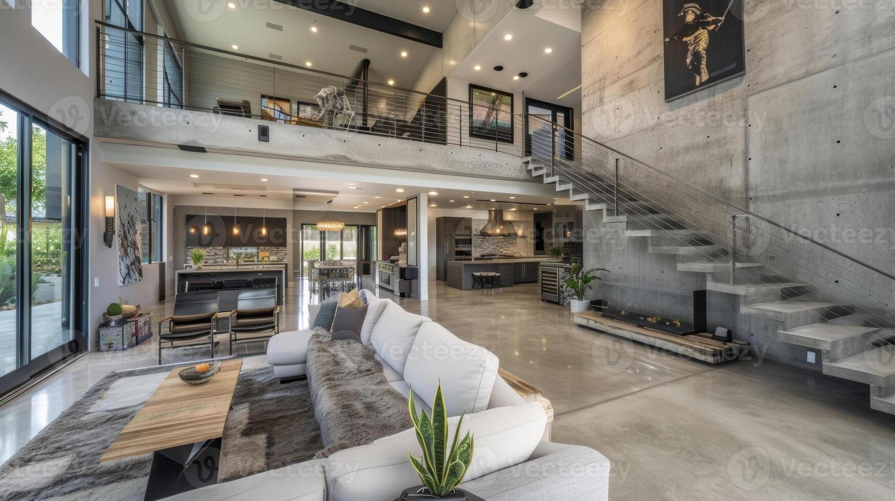 Step into this Brutalist masterpiece and be greeted by a raw concrete staircase leading up to a spacious living area boasting towering ceilings and a sleek industrial aesthetic photo