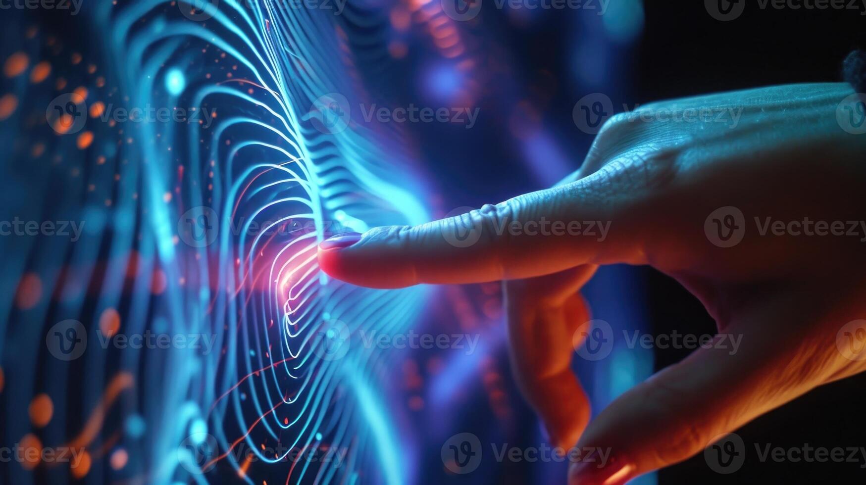 A hand reaches out and taps a holographic on activating a voice command for music playback photo