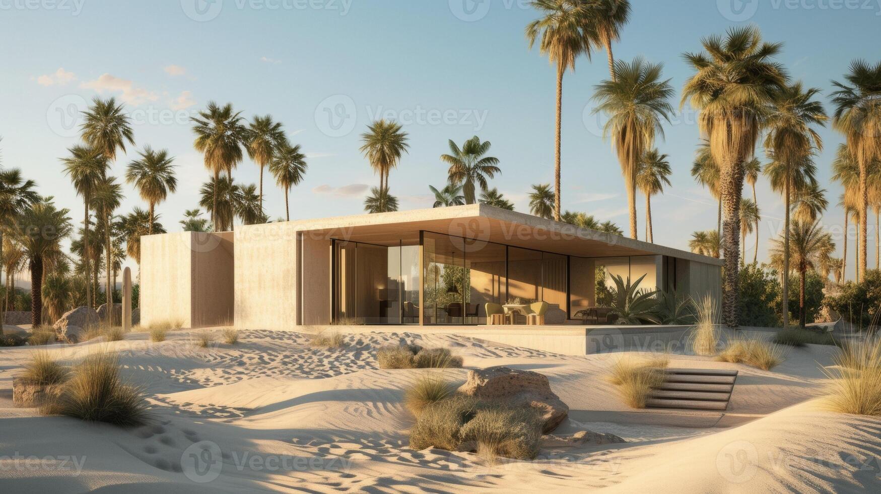 Nestled a the sand dunes and shimmering palm trees this desert oasis boasts a sleek and minimalist design making use of natural materials and reflective surfaces to keep th photo
