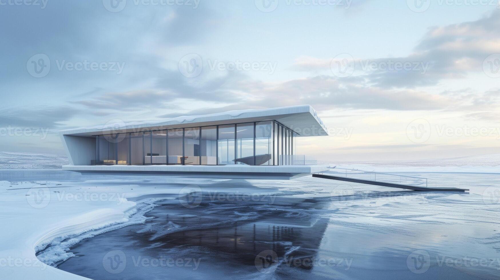 Perched atop a frozen lake this modern structure is fully equipped 
