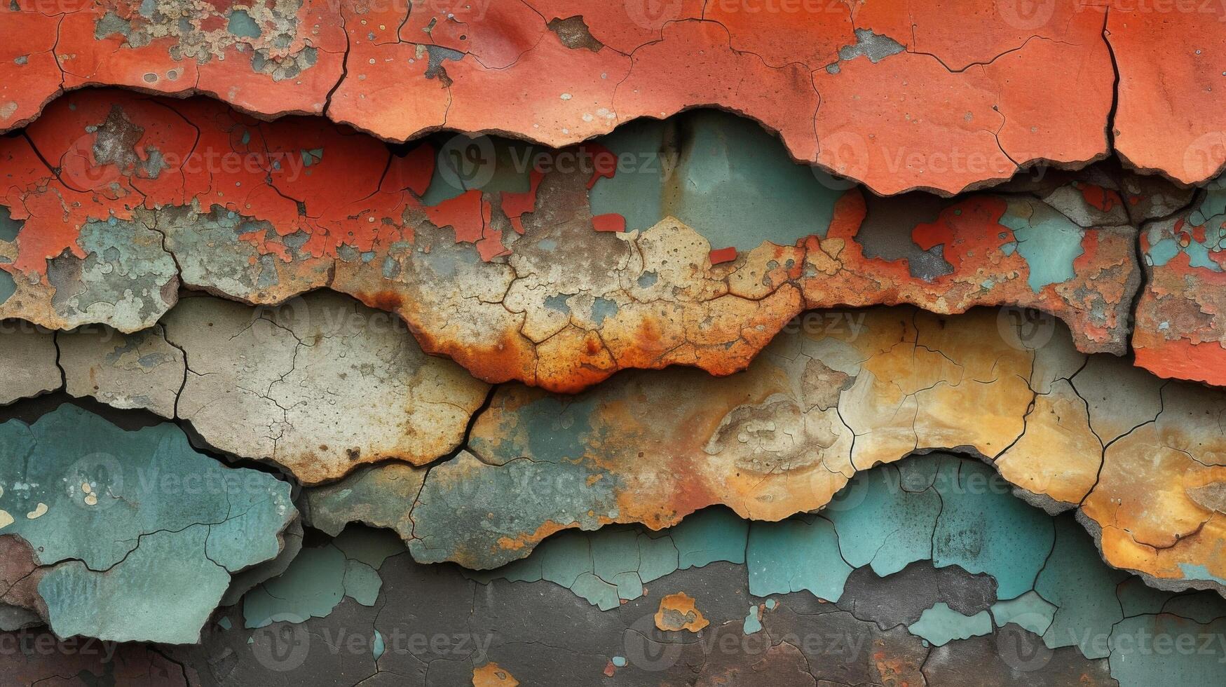 Closeup of peeling paint revealing layers of cracks and chips on the walls of a forgotten factory photo
