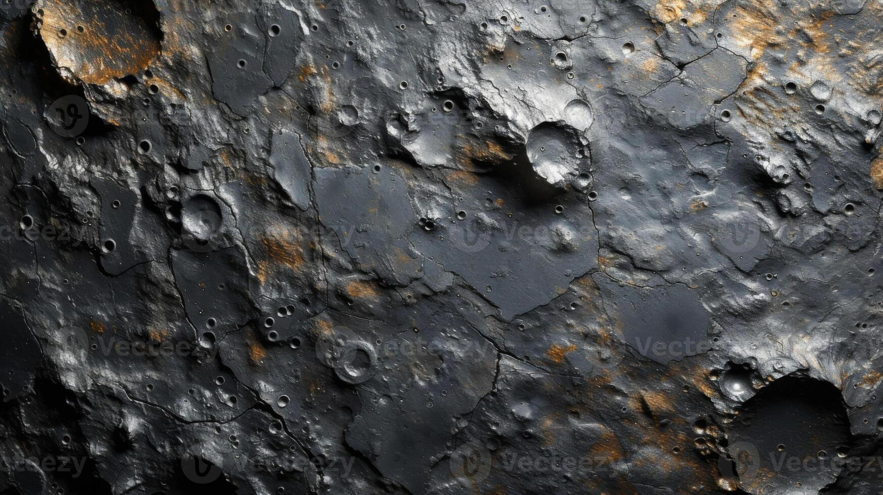 Texture of cooled lava with a metallic sheen and rough cratered surface resembling a moonscape photo