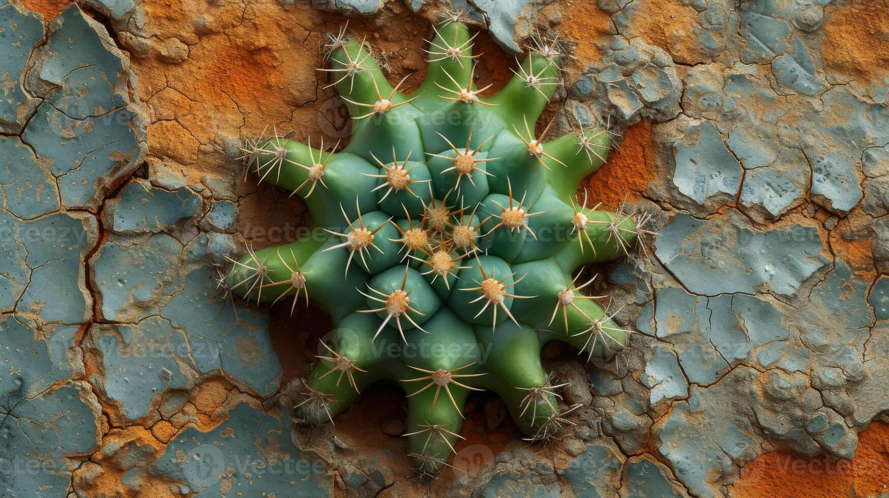 Texture of spiky cacti against a backdrop of barren cracked earth symbolizing the ability of certain species to thrive in even the harshest of conditions photo