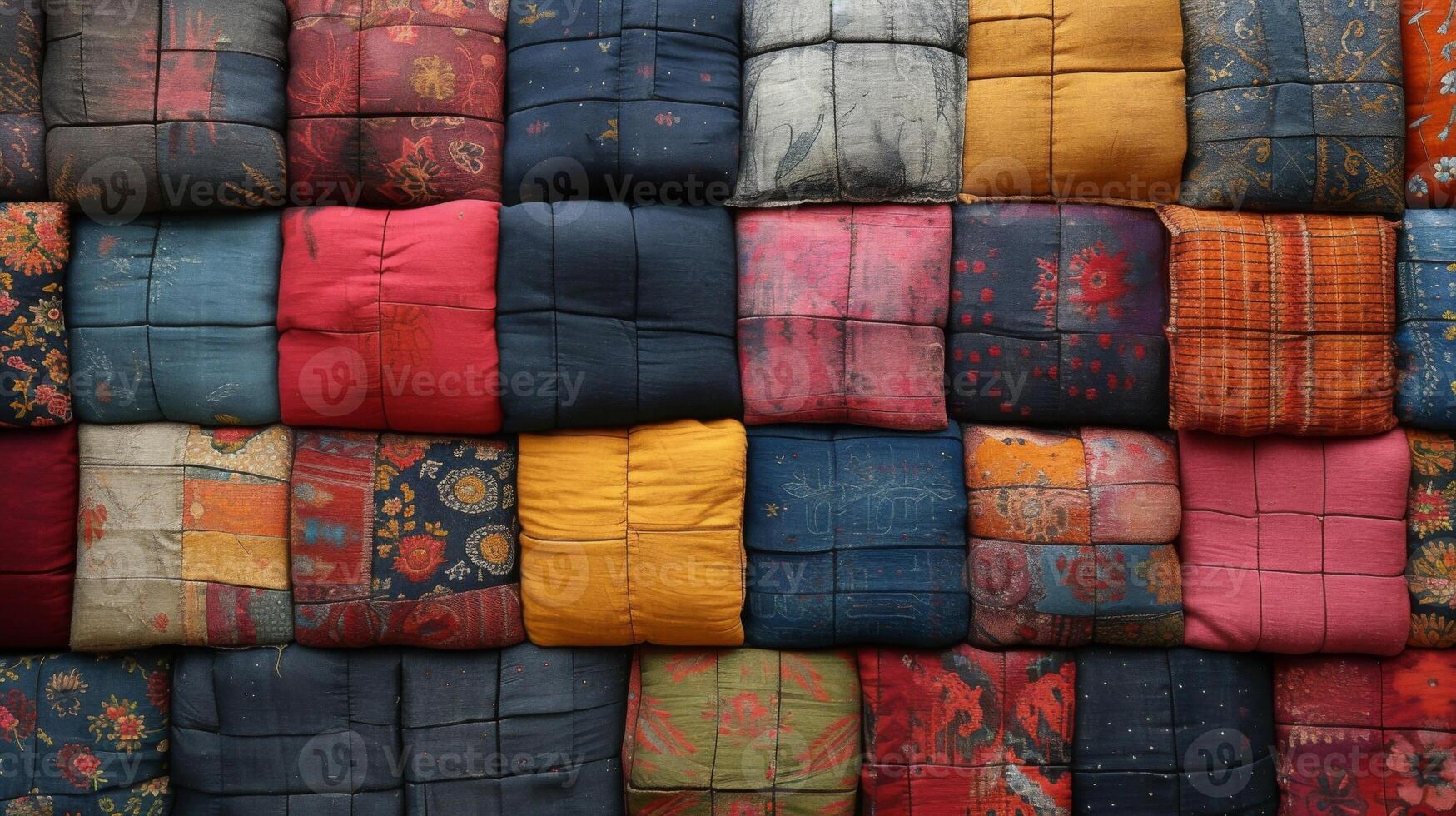 Texture of a patchwork quilt each unique fabric square representing a different cultural fabric that together tell a story of a journey through various traditions and cultures photo