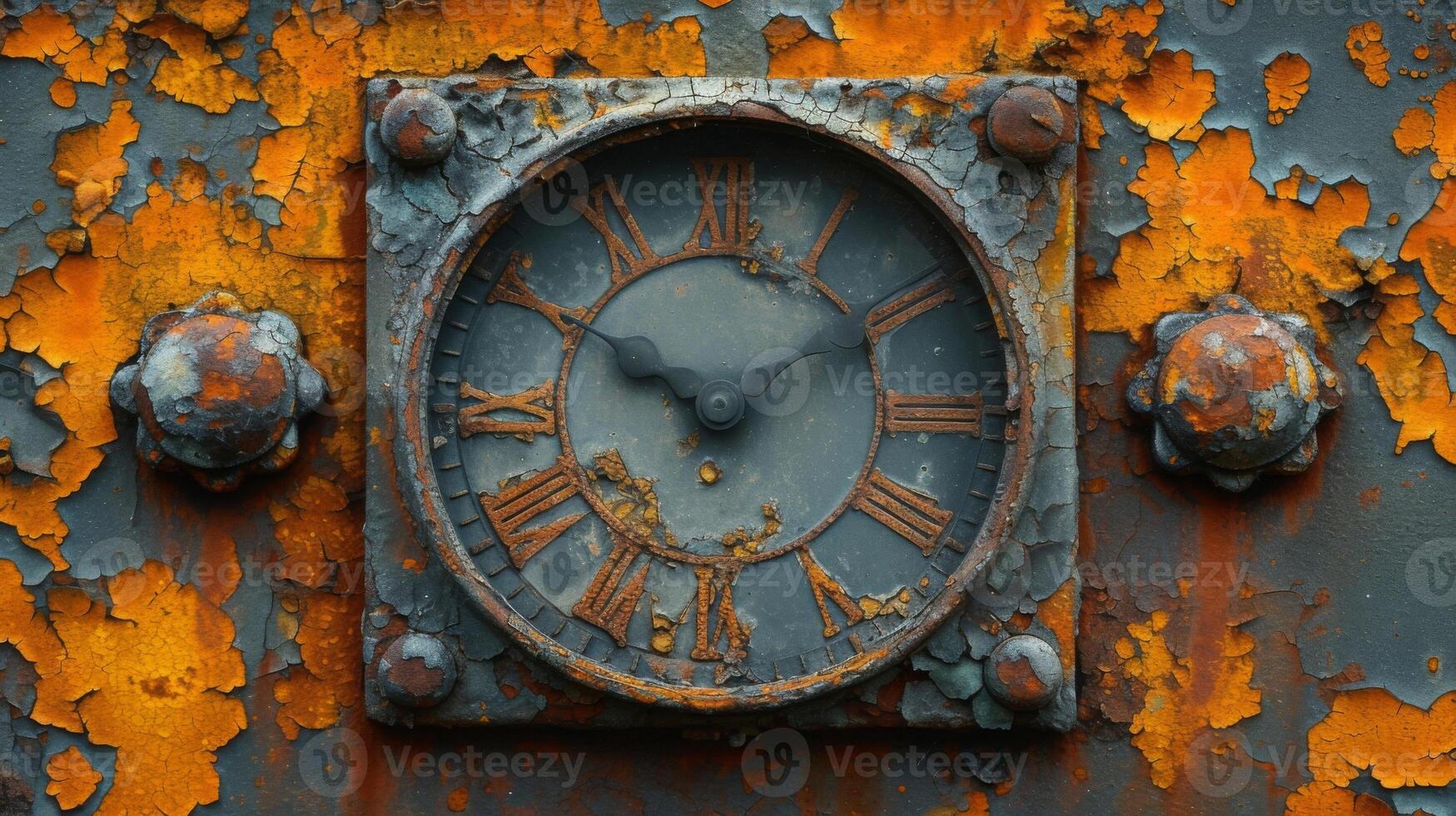 Closeup of the weathered texture of a rusted antique clock face its onceshiny metal now covered in a soft orange patina photo