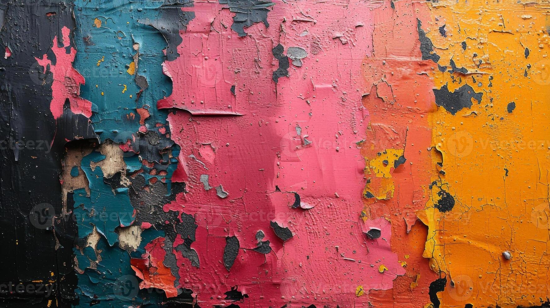 Texture of a heavily textured distressed paint surface with visible splatters and lines. The chaotic mix of colors and textures creates an interesting contrast representin photo