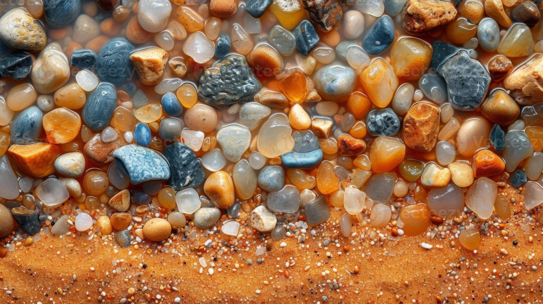 Texture of tiny pebbles and rocks embedded within a sandy beach creating a rugged and textured surface photo
