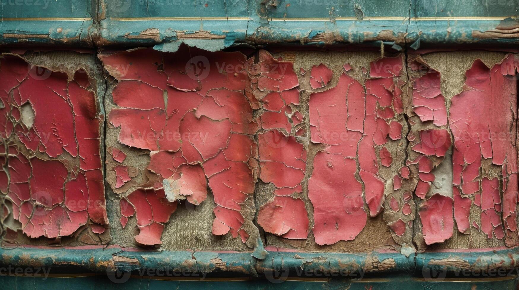 Texture of a book cover with peeled edges revealing layers of different designs and colors that have been added or removed over its lifetime photo