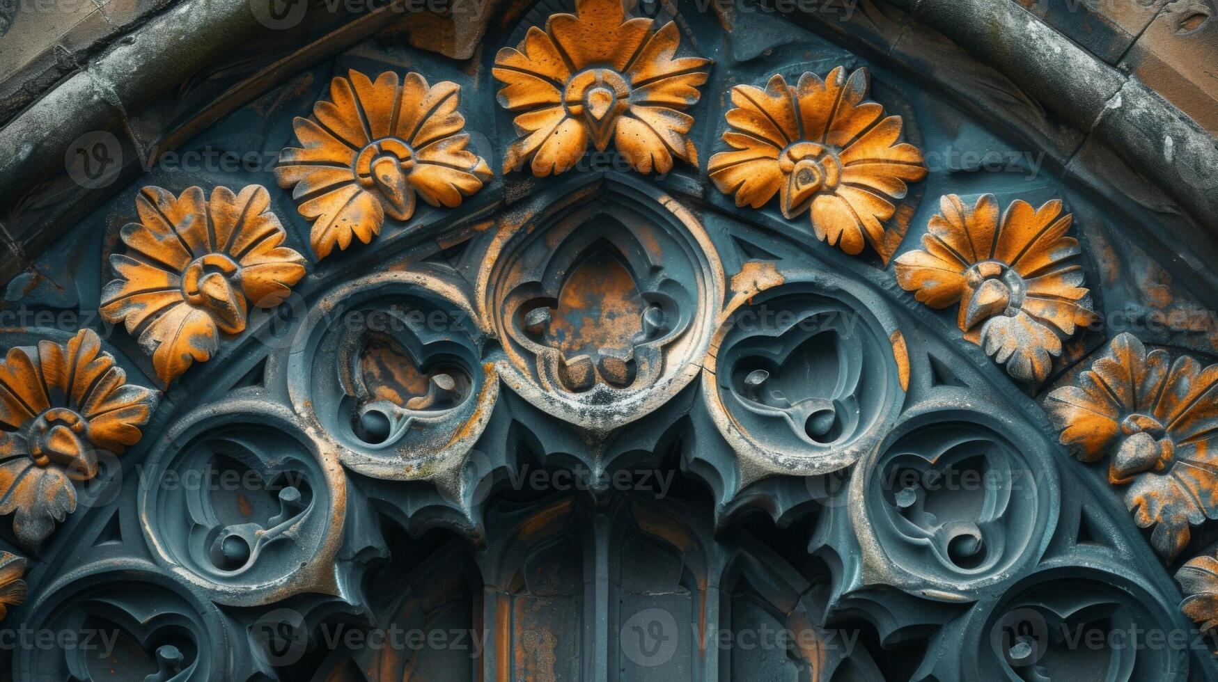 Closeup of intricate and detailed texture of medieval cathedral walls displaying the intricate patterns and designs created by skilled stonemasons photo