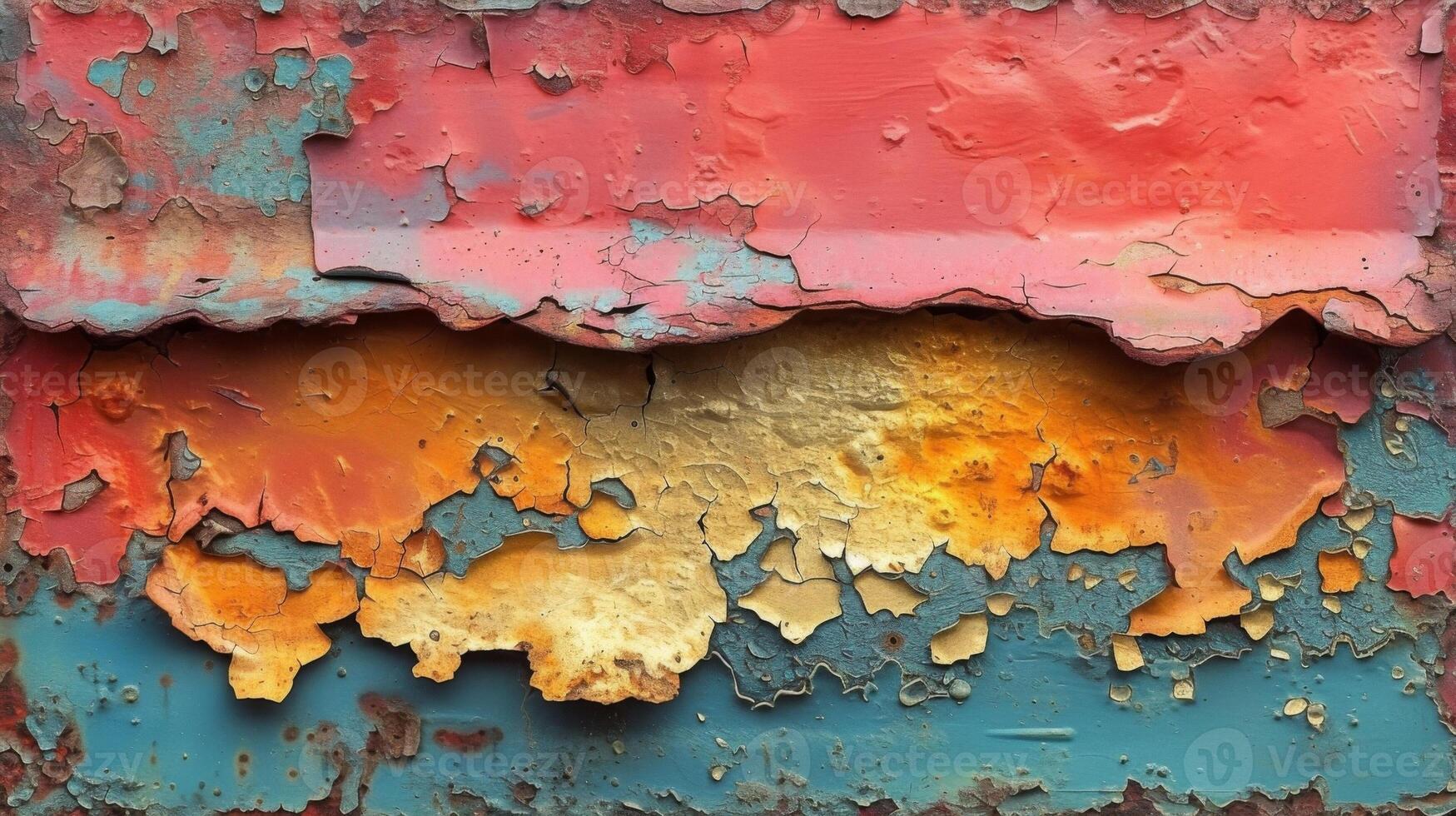 Texture of peeling paint exposing layers of oxidized metal underneath photo