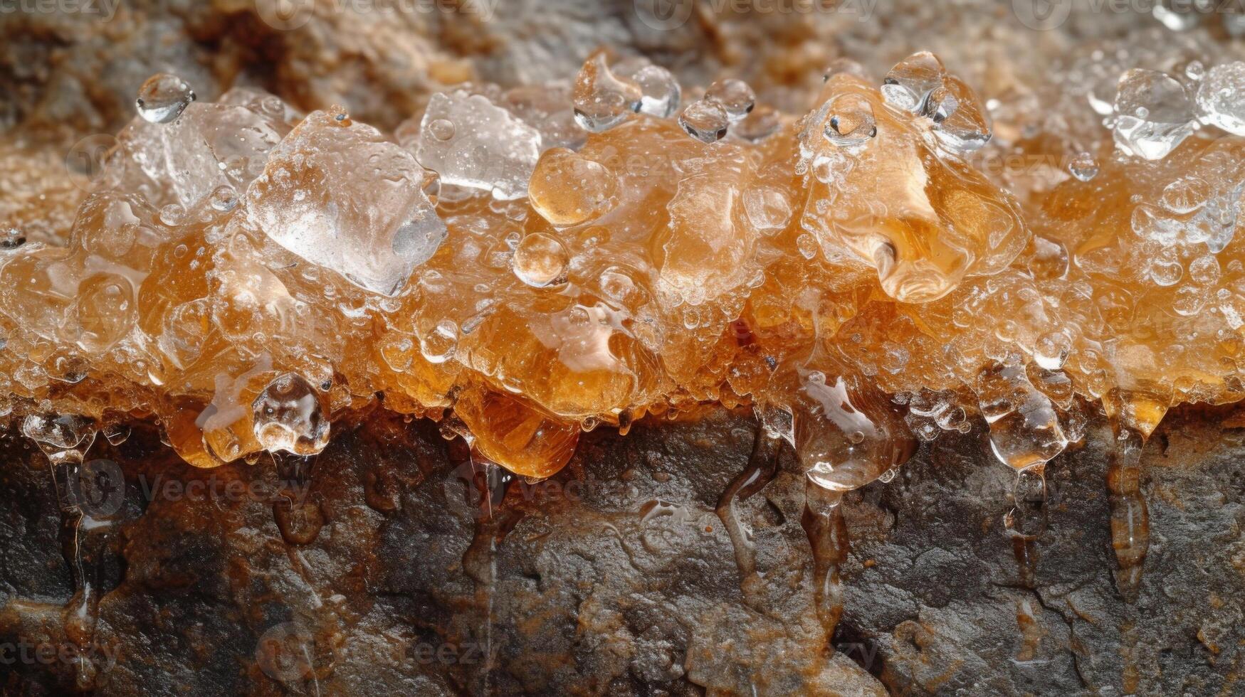 Closeup of the gradual drip and drip of water droplets as the ice melts leaving behind a textured pattern on the warmer ground below photo