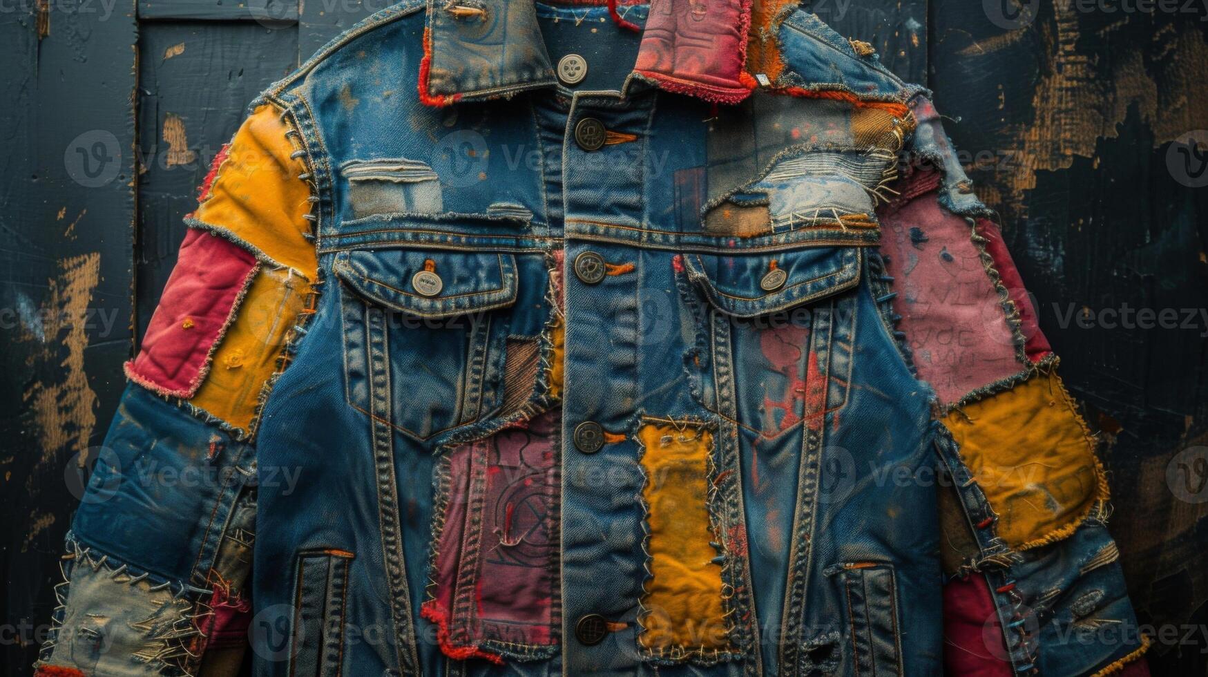 Texture of a denim jacket featuring a faded and distressed look with frayed edges and patchwork detailing. The rugged texture adds a grunge element to the jacket symbolizin photo