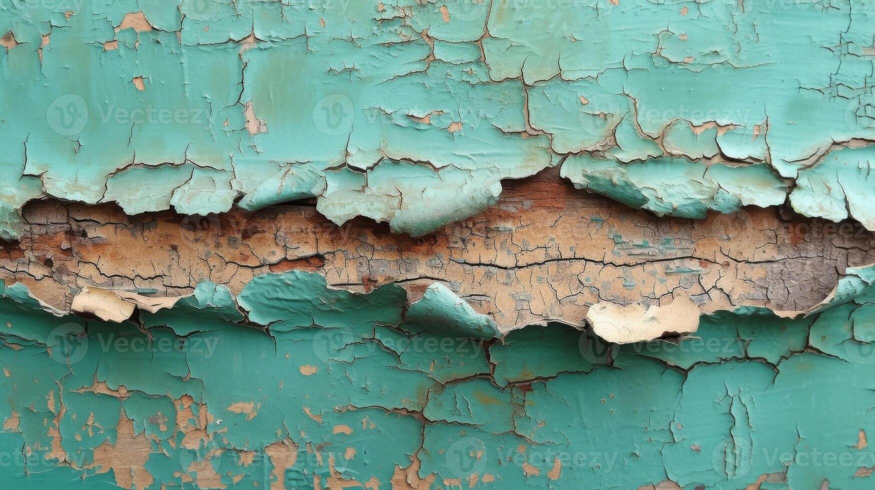 Closeup of paint peeling in the corners exposing glimpses of vibrant turquoise and dull beige underneath a visual representation of the ping of years photo