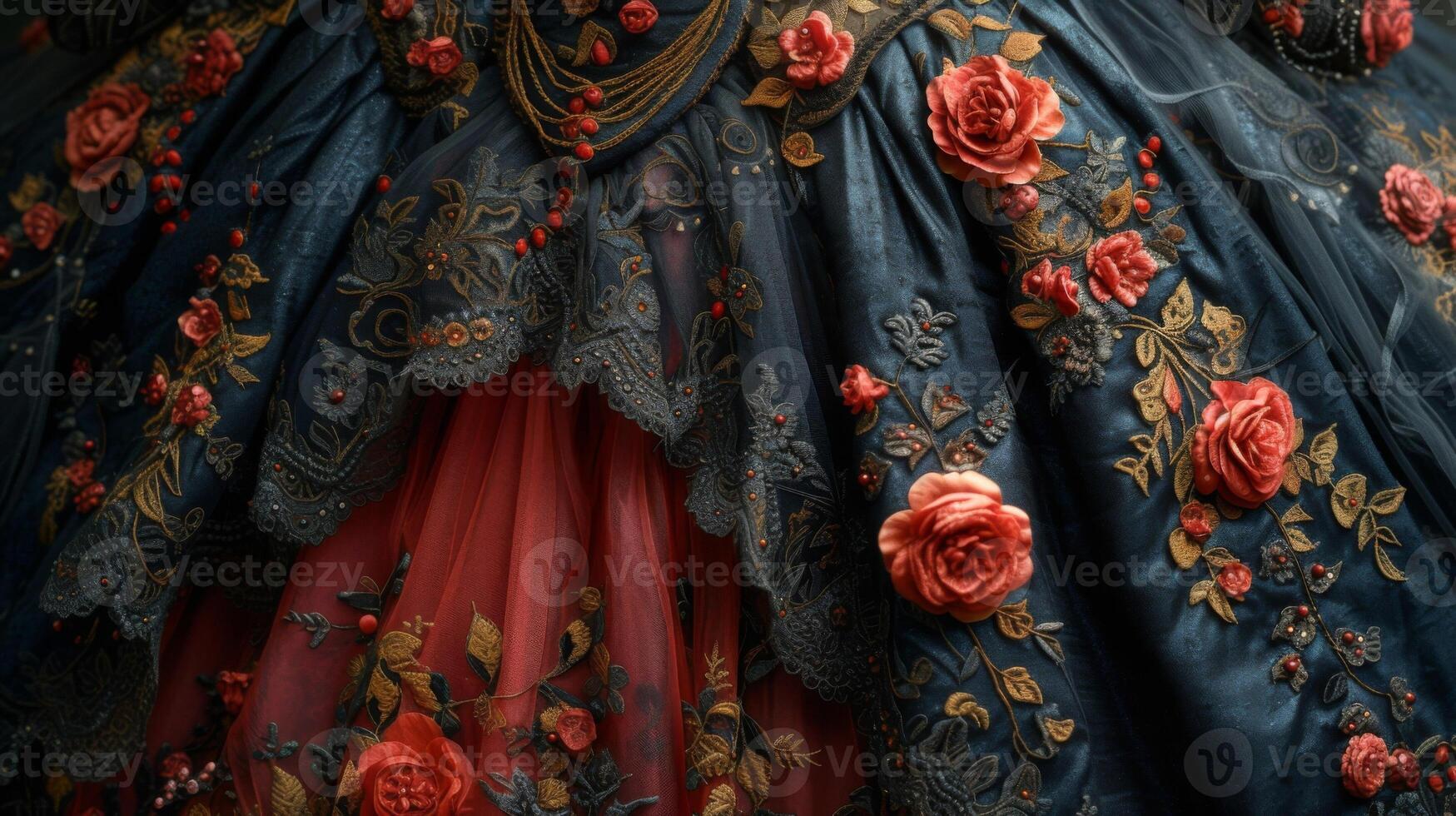 Texture of a luxurious silk brocade fabric on a Victorian ballgown boasting a raised floral design and opulent sheen photo